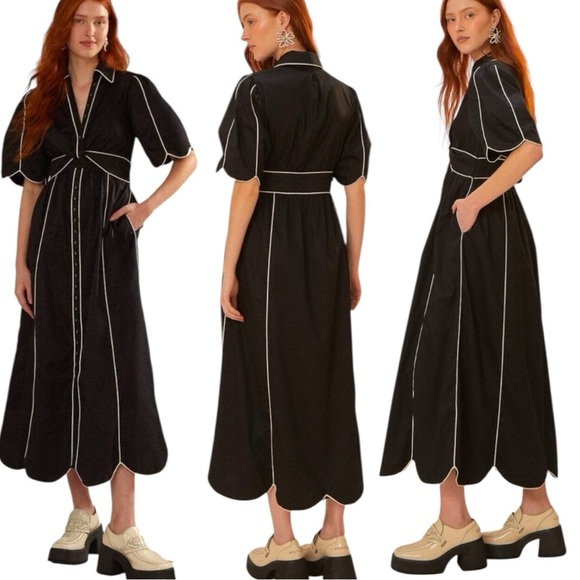 Farm Rio Contrasting-Trim Puff Short Sleeve Button Down Midi Dress Small NEW - Picture 3 of 16